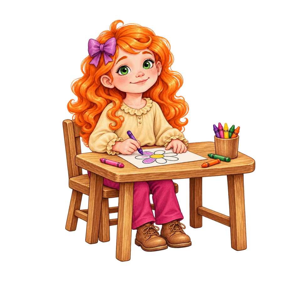 Whyia coloring a page at her little table