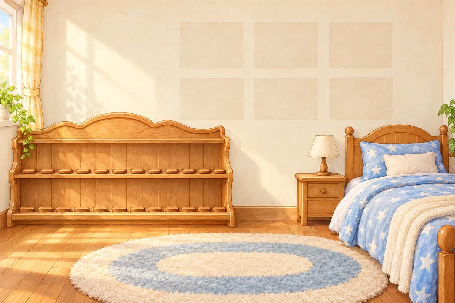 Whyia's cozy room, with a shelf for treasures and frames for your drawings