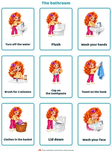 The bathroom: a page of reminder cards