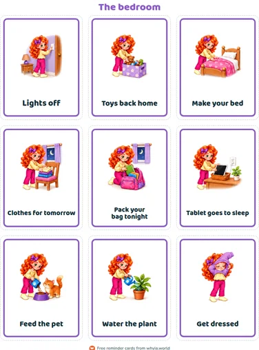 The bedroom: a page of reminder cards