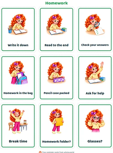 Homework: a page of reminder cards